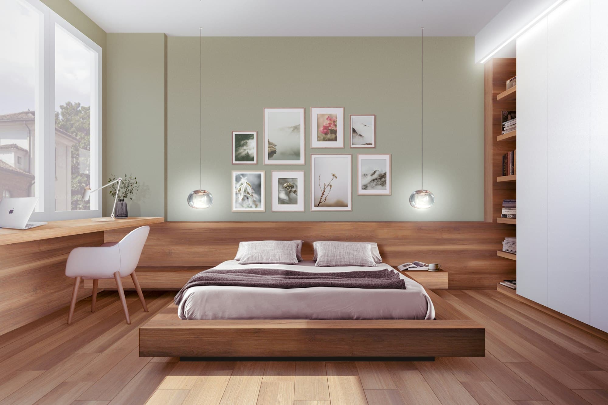 Bedroom in warm neutrals beside a window