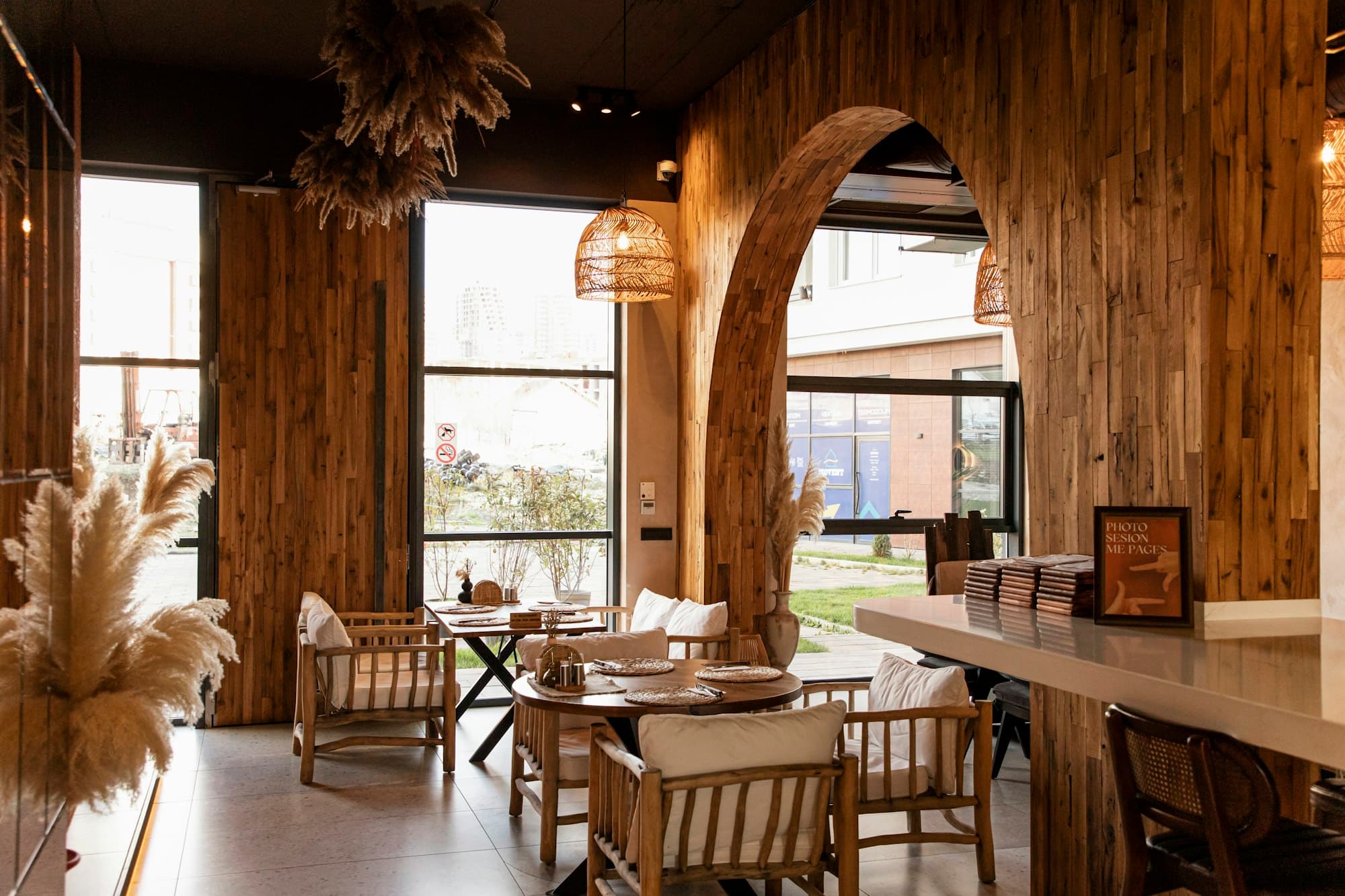 Warm wood dining space with natural light