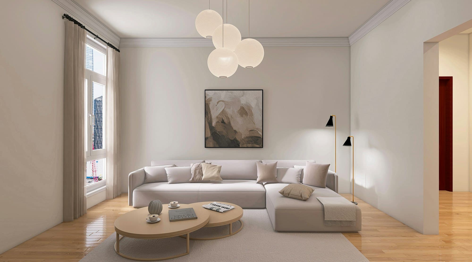Neutral living room with sculptural sofa