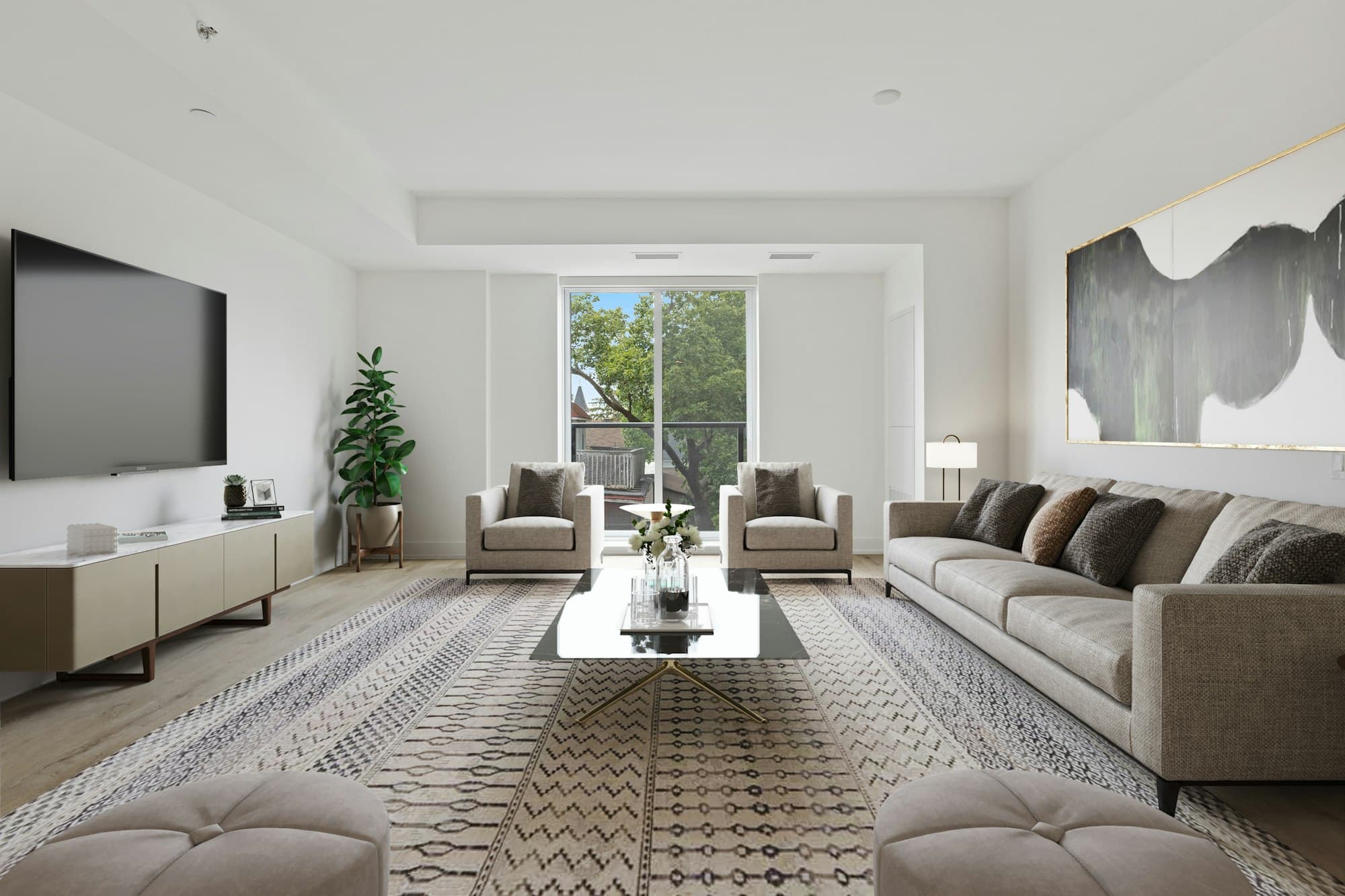Living room with glass doors and layered textiles